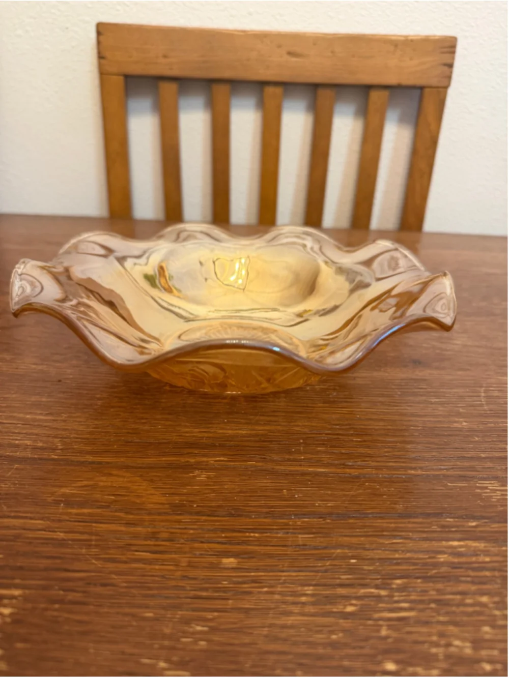 Vintage Amber Depression Glass Ruffled Console Bowl Etched Floral Serving -CH